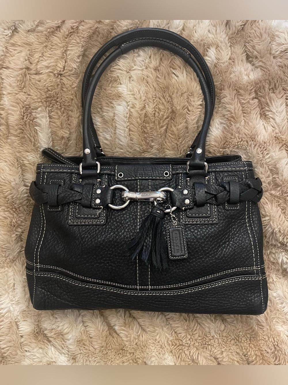Coach Hamilton Braided Carryall Black Pebbled Leather Bag with Silver Hardware